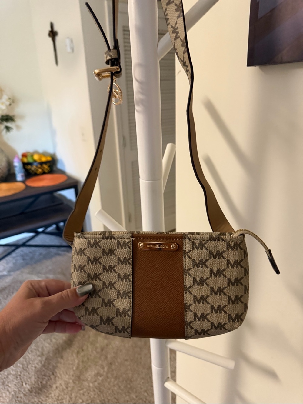 Michael Kors Beige and Brown Logo Crossbody Pouch